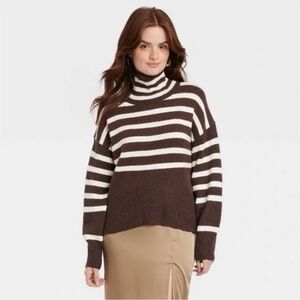 A NEW DAY Brown and White stripe turtleneck Sweater size L